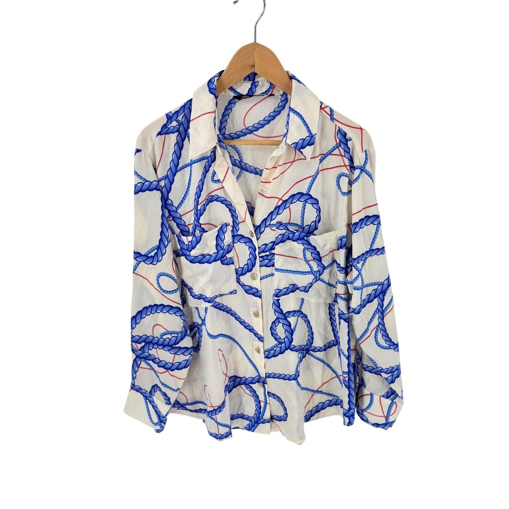 Zara Button Down Blouse White Blue Red Rope Print Large Nautical Coastal Chic